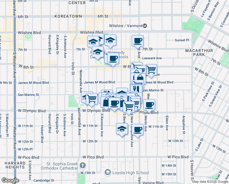 map of restaurants, bars, coffee shops, grocery stores, and more near 2992 San Marino Street in Los Angeles