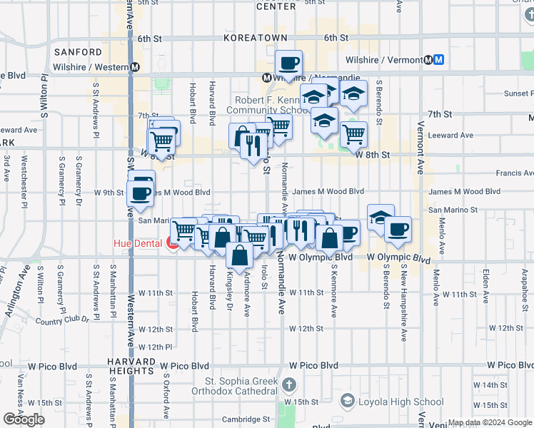 map of restaurants, bars, coffee shops, grocery stores, and more near 3215 San Marino Street in Los Angeles