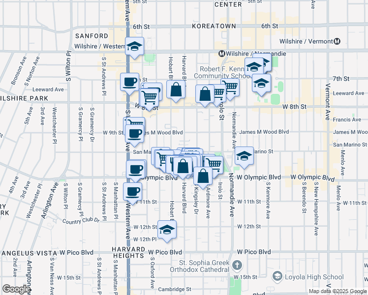 map of restaurants, bars, coffee shops, grocery stores, and more near 939 South Kingsley Drive in Los Angeles