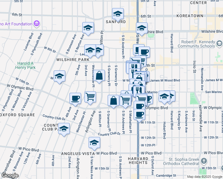 map of restaurants, bars, coffee shops, grocery stores, and more near 939 South Gramercy Place in Los Angeles