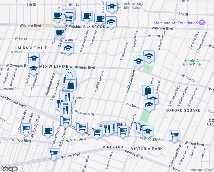 map of restaurants, bars, coffee shops, grocery stores, and more near 1132 South Tremaine Avenue in Los Angeles