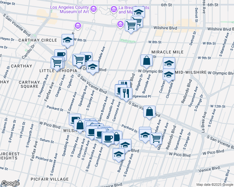 map of restaurants, bars, coffee shops, grocery stores, and more near 5669 West San Vicente Boulevard in Los Angeles