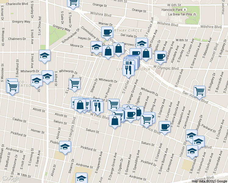 map of restaurants, bars, coffee shops, grocery stores, and more near 1152 South Hayworth Avenue in Los Angeles