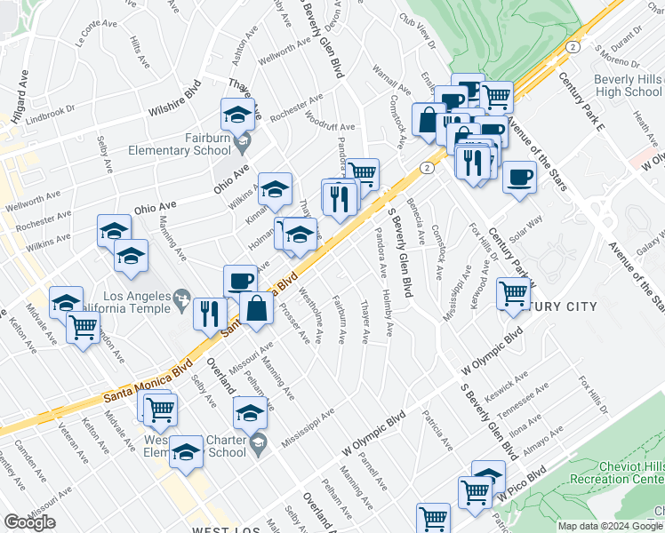 map of restaurants, bars, coffee shops, grocery stores, and more near 1827 Thayer Avenue in Los Angeles