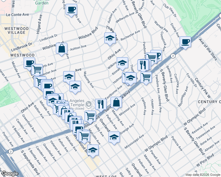 map of restaurants, bars, coffee shops, grocery stores, and more near 10620 Holman Avenue in Los Angeles