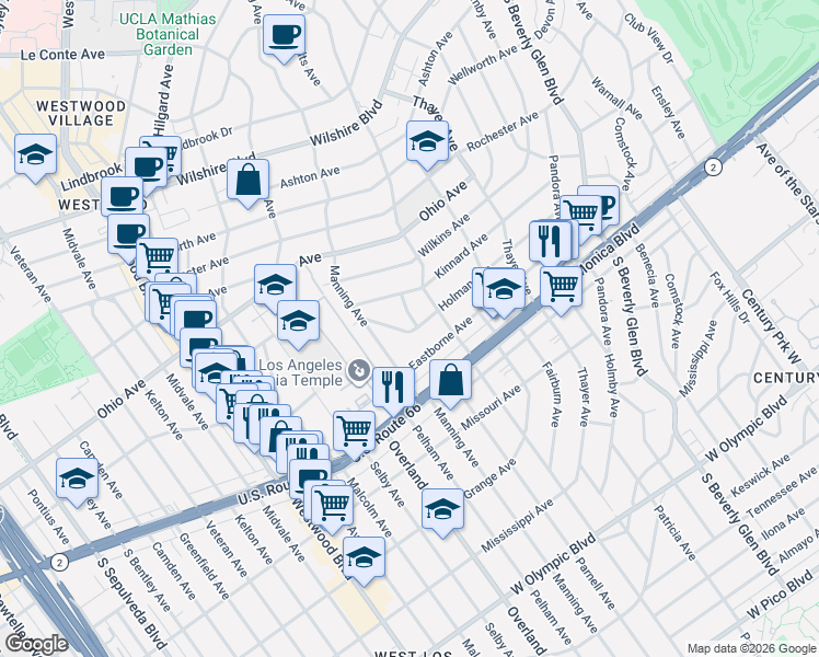 map of restaurants, bars, coffee shops, grocery stores, and more near 10660 Holman Avenue in Los Angeles
