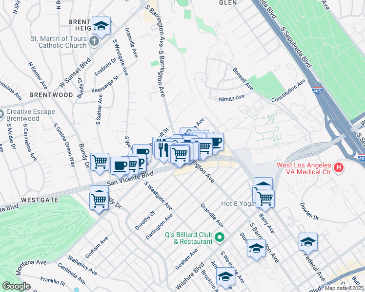 map of restaurants, bars, coffee shops, grocery stores, and more near 11706 Montana Avenue in Los Angeles