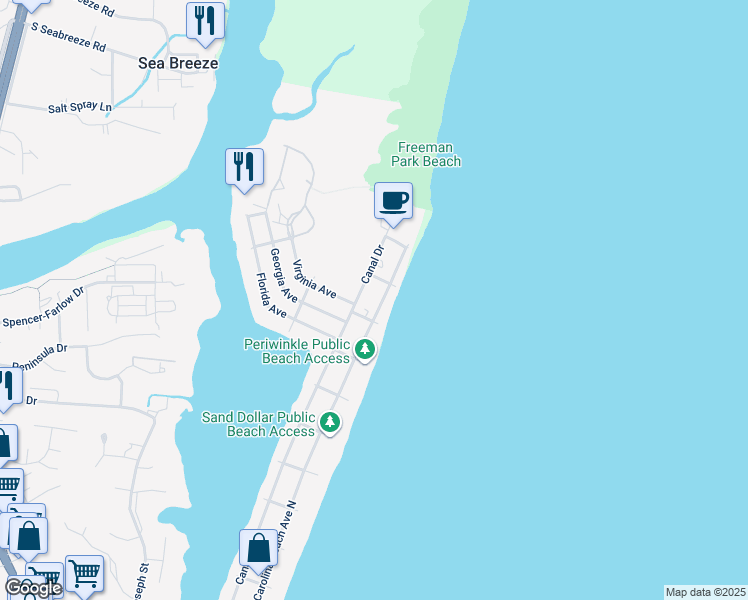map of restaurants, bars, coffee shops, grocery stores, and more near 1607 Carolina Beach Avenue North in Carolina Beach