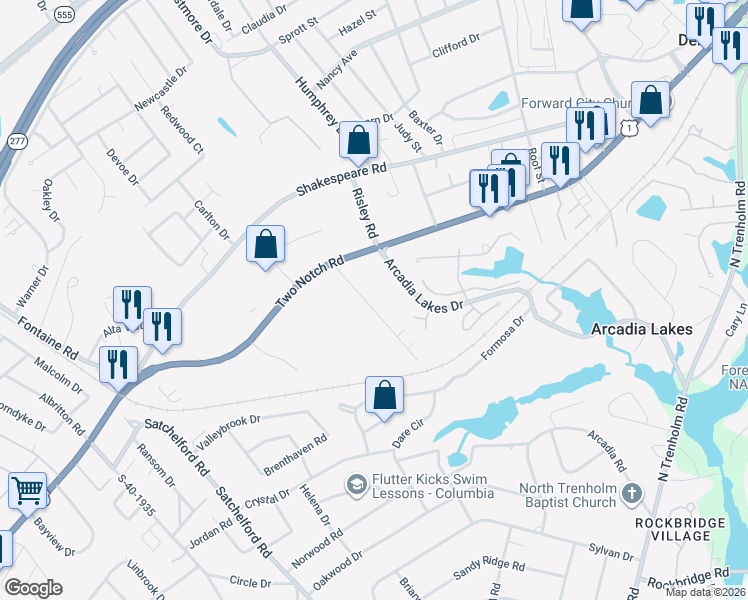 map of restaurants, bars, coffee shops, grocery stores, and more near 1470 Bella Vista Drive in Columbia