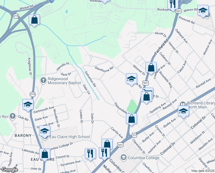 map of restaurants, bars, coffee shops, grocery stores, and more near 876 Stebondale Road in Columbia