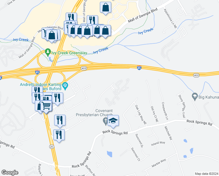 map of restaurants, bars, coffee shops, grocery stores, and more near 100 Woodiron Dr in Buford