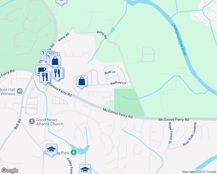 map of restaurants, bars, coffee shops, grocery stores, and more near 8730 Radford Lane in Suwanee