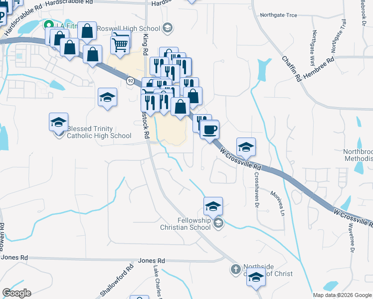 map of restaurants, bars, coffee shops, grocery stores, and more near 1610 Elgaen Place Drive in Roswell