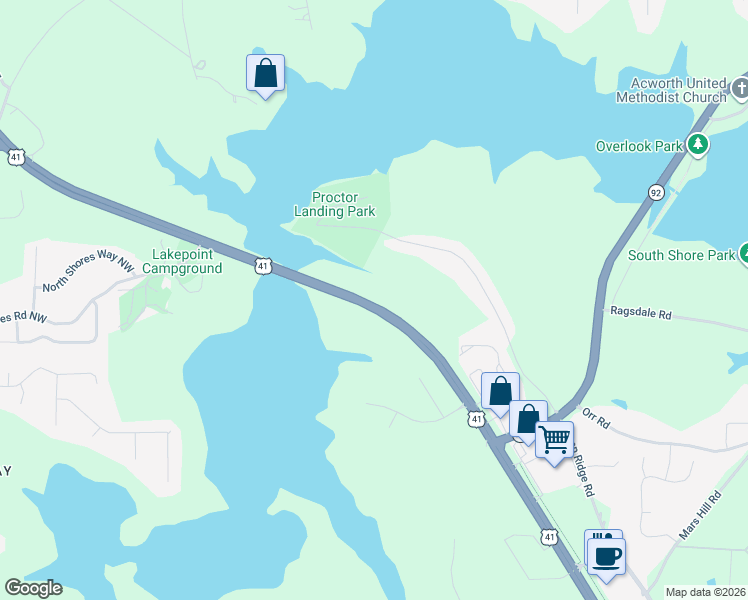map of restaurants, bars, coffee shops, grocery stores, and more near 3950 Cobb Parkway Northwest in Acworth