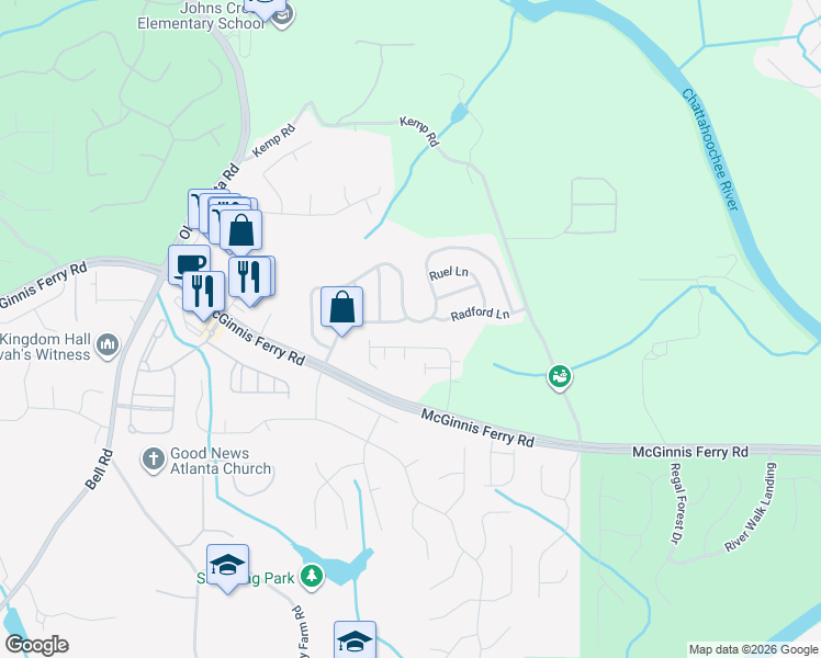 map of restaurants, bars, coffee shops, grocery stores, and more near 8330 Village Place in Suwanee