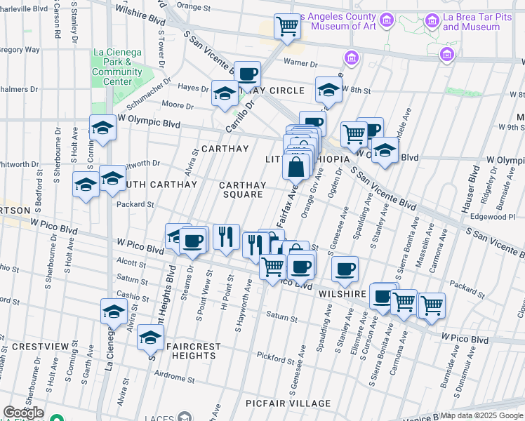 map of restaurants, bars, coffee shops, grocery stores, and more near 1141 South Hayworth Avenue in Los Angeles