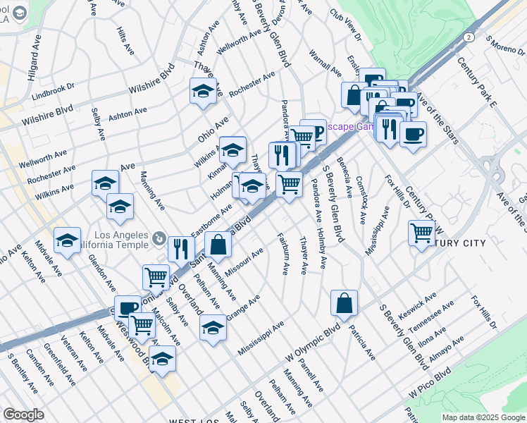 map of restaurants, bars, coffee shops, grocery stores, and more near Santa Monica Blvd & Fairburn Ave in Los Angeles