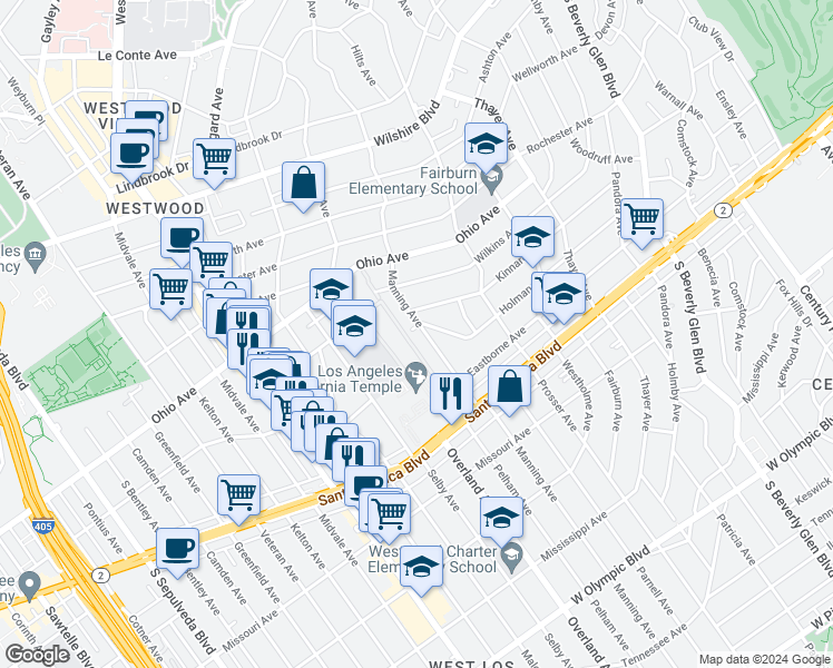 map of restaurants, bars, coffee shops, grocery stores, and more near 10700 Holman Avenue in Los Angeles