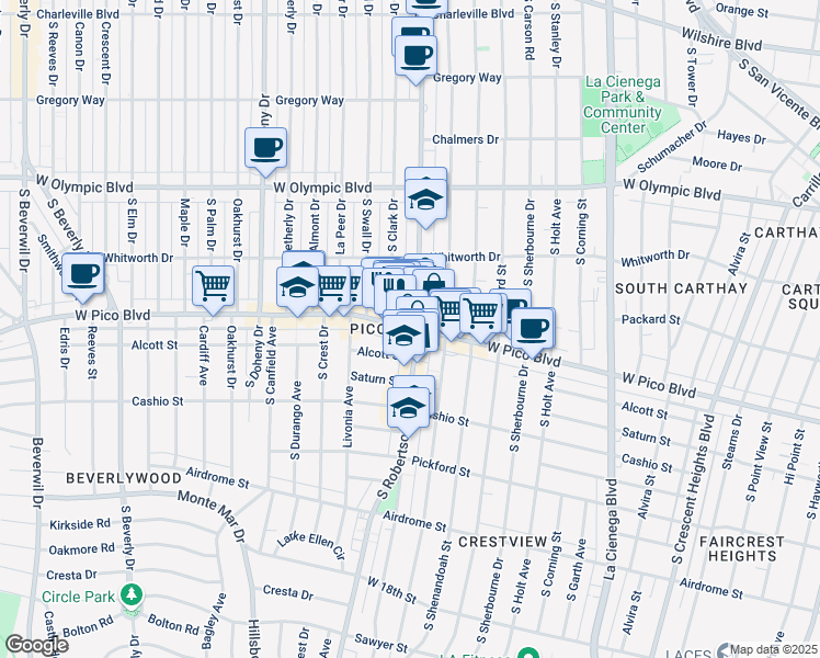 map of restaurants, bars, coffee shops, grocery stores, and more near 1204 Hi Point Street in Los Angeles
