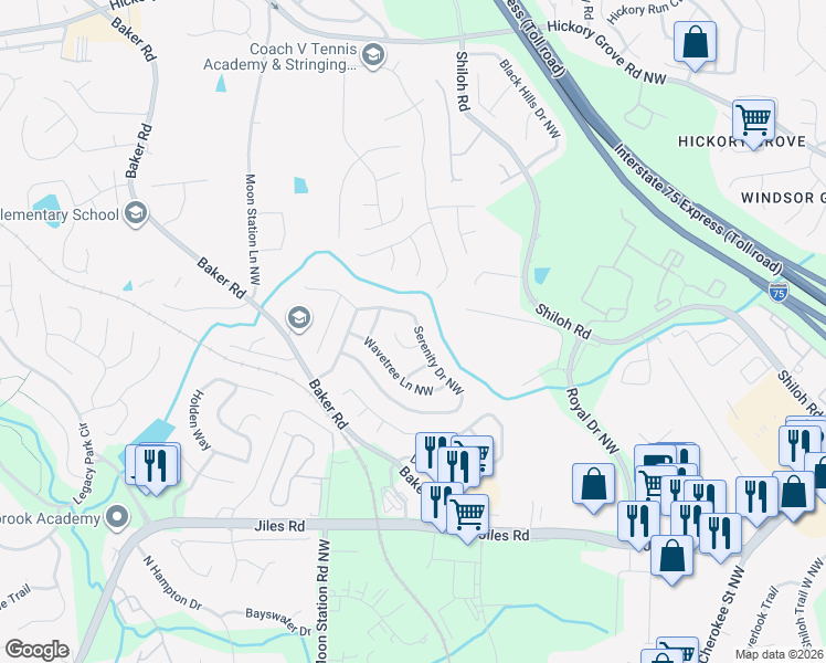 map of restaurants, bars, coffee shops, grocery stores, and more near 2197 Serenity Dr NW in Acworth