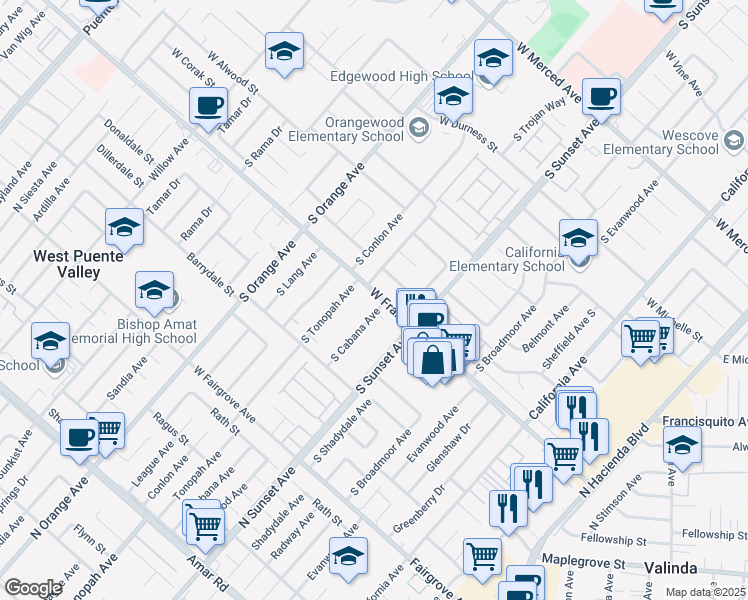 map of restaurants, bars, coffee shops, grocery stores, and more near 1705 South Cabana Avenue in West Covina