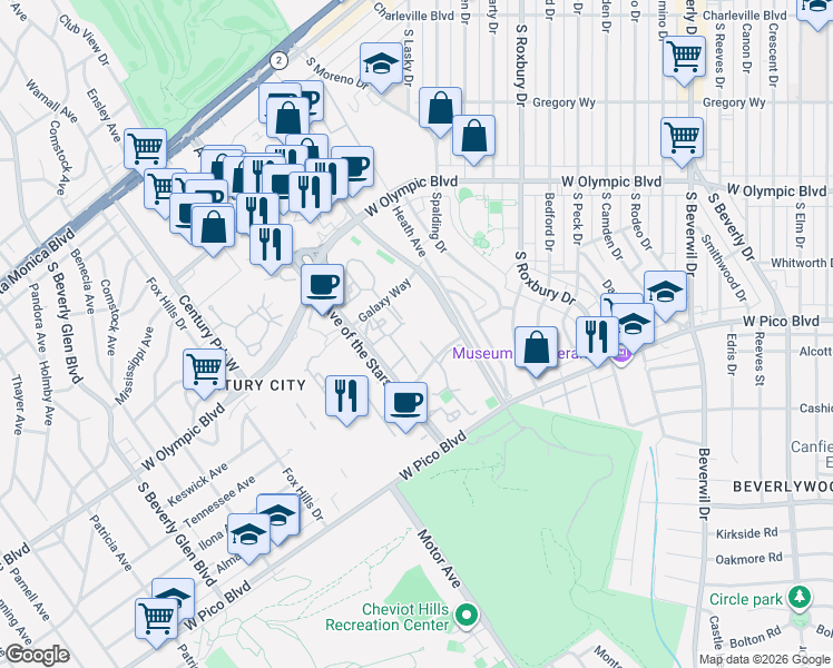 map of restaurants, bars, coffee shops, grocery stores, and more near 2353 Century Hill in Los Angeles