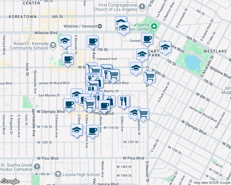 map of restaurants, bars, coffee shops, grocery stores, and more near 2780 San Marino Street in Los Angeles