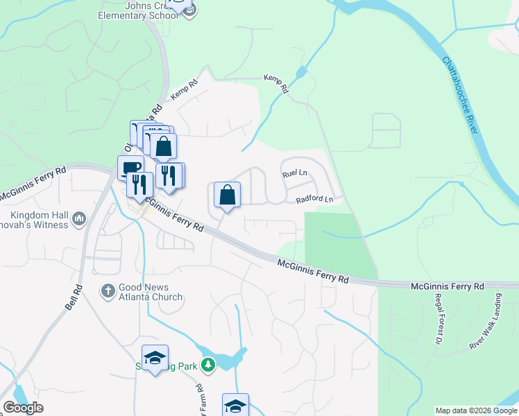 map of restaurants, bars, coffee shops, grocery stores, and more near 8570 Village Place in Suwanee