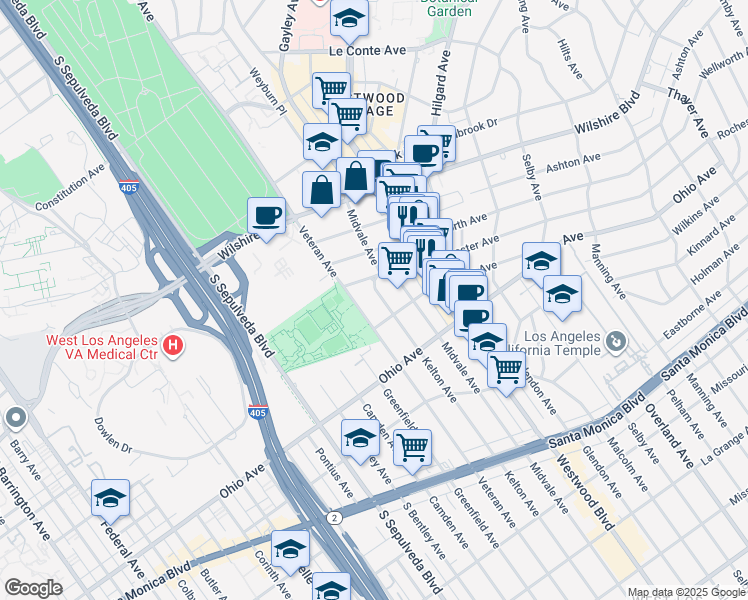 map of restaurants, bars, coffee shops, grocery stores, and more near 1375 Kelton Avenue in Los Angeles