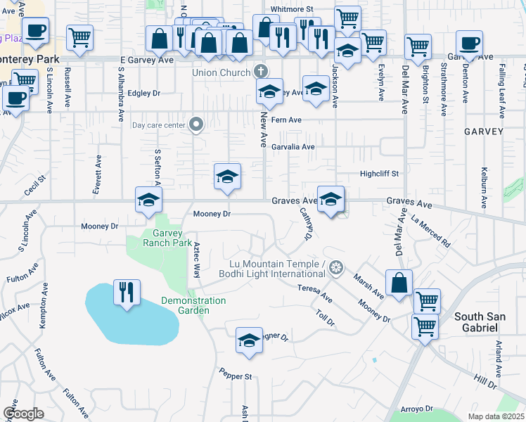 map of restaurants, bars, coffee shops, grocery stores, and more near 1023 Mooney Drive in Monterey Park