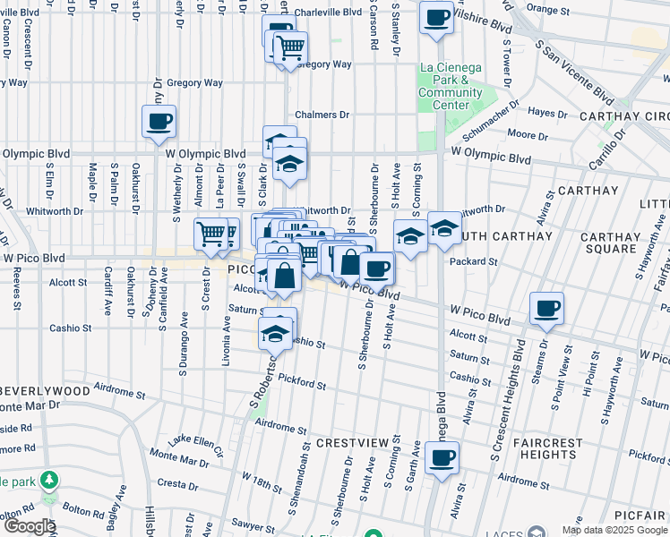 map of restaurants, bars, coffee shops, grocery stores, and more near 1226 South Shenandoah Street in Los Angeles