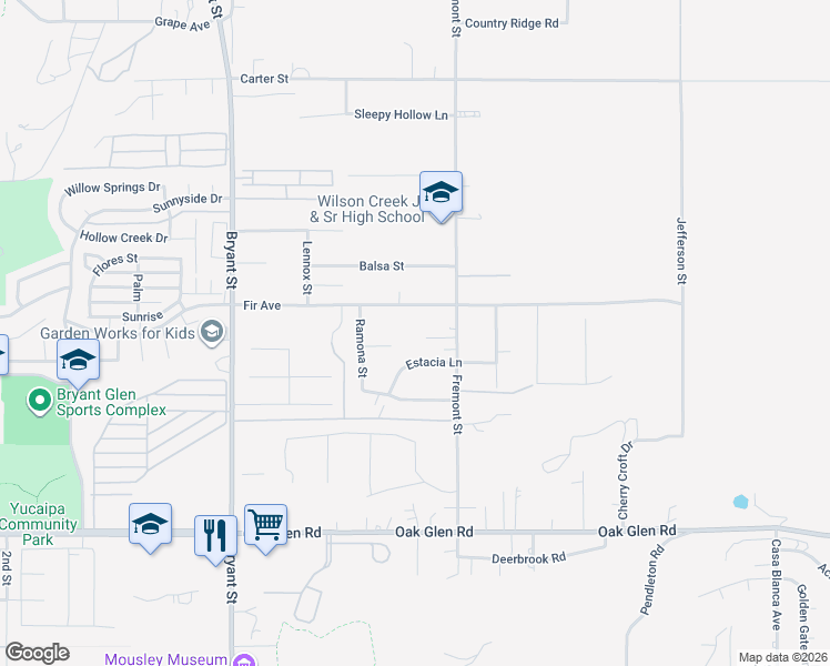 map of restaurants, bars, coffee shops, grocery stores, and more near 35626 Teriann Lane in Yucaipa