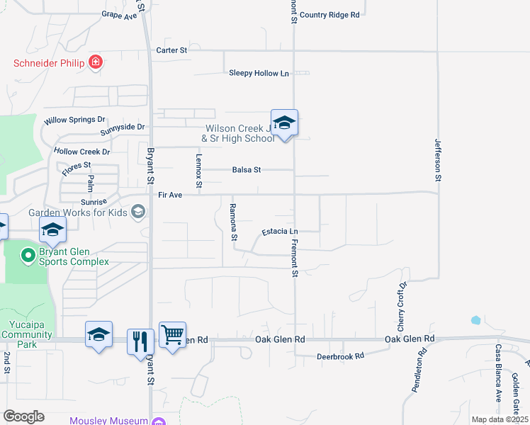 map of restaurants, bars, coffee shops, grocery stores, and more near 35626 Teriann Lane in Yucaipa
