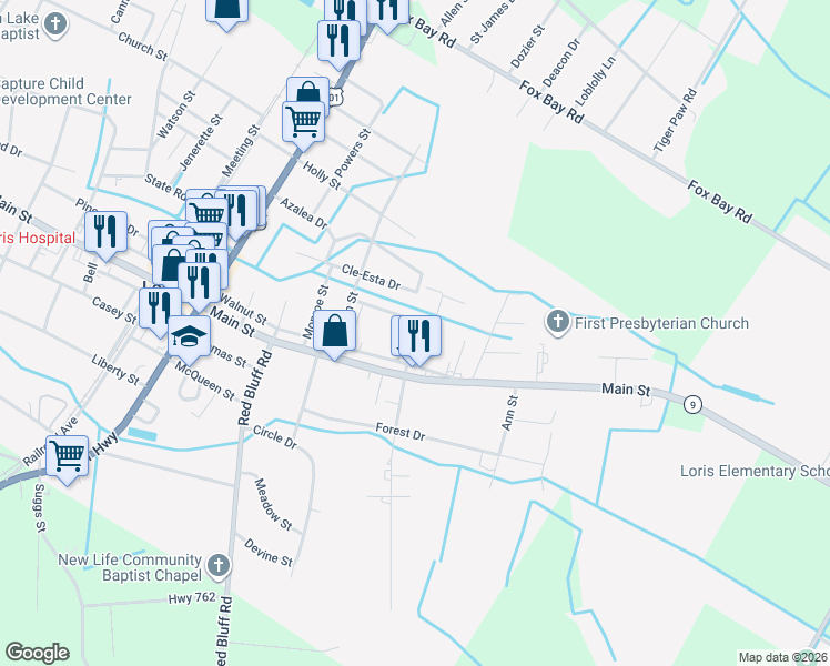 map of restaurants, bars, coffee shops, grocery stores, and more near 4364 Dawes Street in Loris