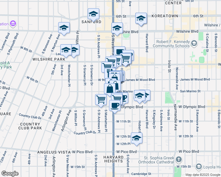 map of restaurants, bars, coffee shops, grocery stores, and more near 939 South Western Avenue in Los Angeles