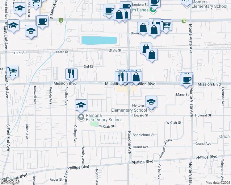 map of restaurants, bars, coffee shops, grocery stores, and more near 4455 Mane Street in Montclair