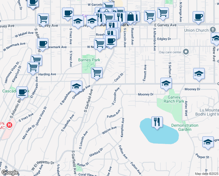 map of restaurants, bars, coffee shops, grocery stores, and more near 628 Cecil Street in Monterey Park