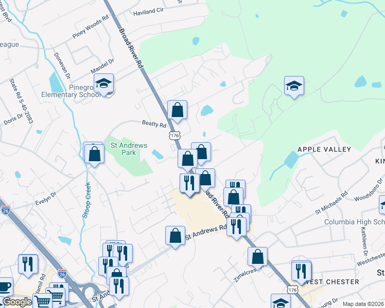 map of restaurants, bars, coffee shops, grocery stores, and more near 3440 Broad River Road in Columbia