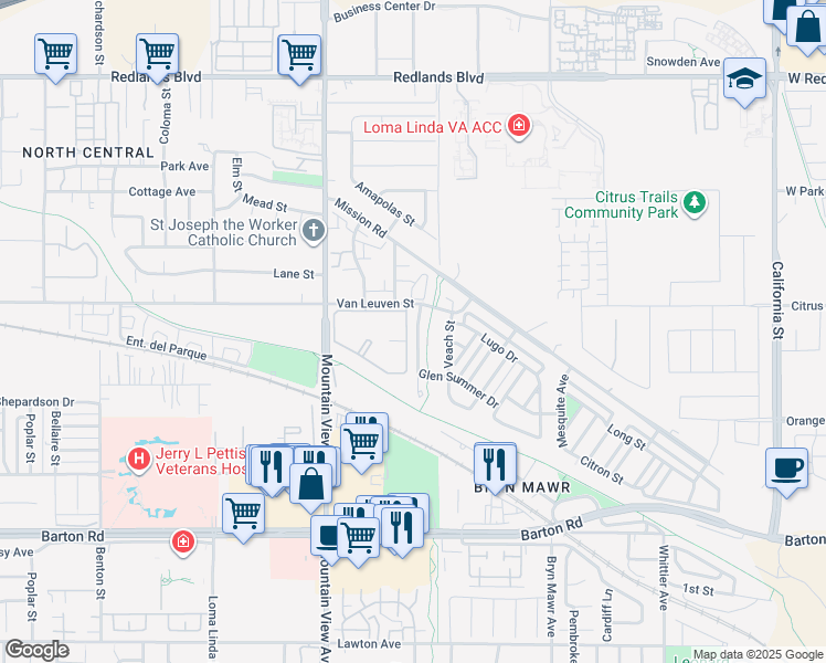 map of restaurants, bars, coffee shops, grocery stores, and more near 10952 Ragsdale Road in Loma Linda