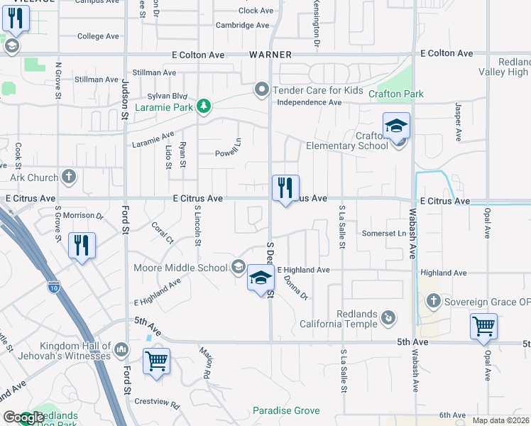 map of restaurants, bars, coffee shops, grocery stores, and more near 16 Dearborn Circle in Redlands