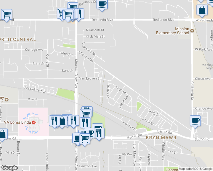 map of restaurants, bars, coffee shops, grocery stores, and more near 10950 Veach Street in Loma Linda
