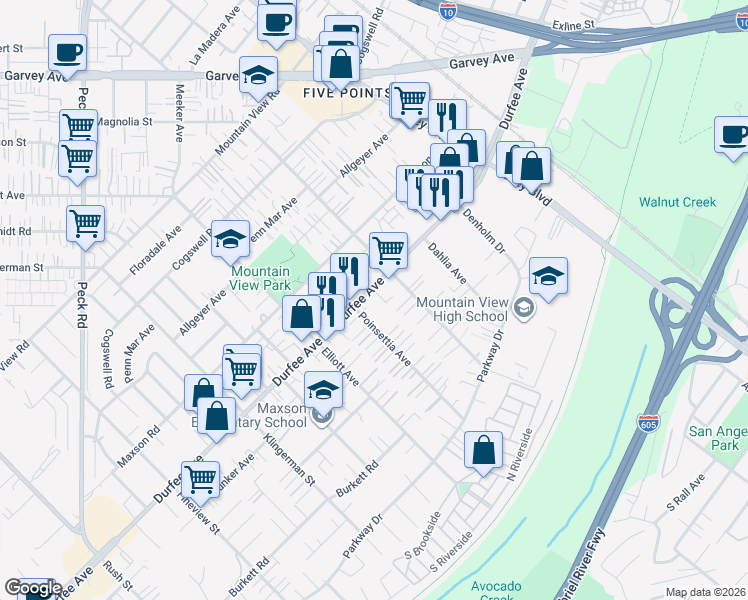 map of restaurants, bars, coffee shops, grocery stores, and more near 2714 Durfee Avenue in El Monte