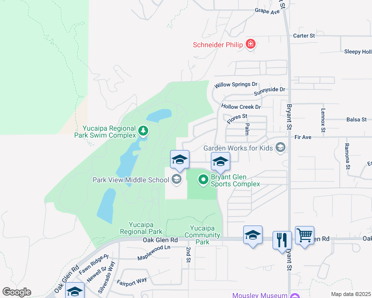 map of restaurants, bars, coffee shops, grocery stores, and more near 34902 Hollyoak Way in Yucaipa