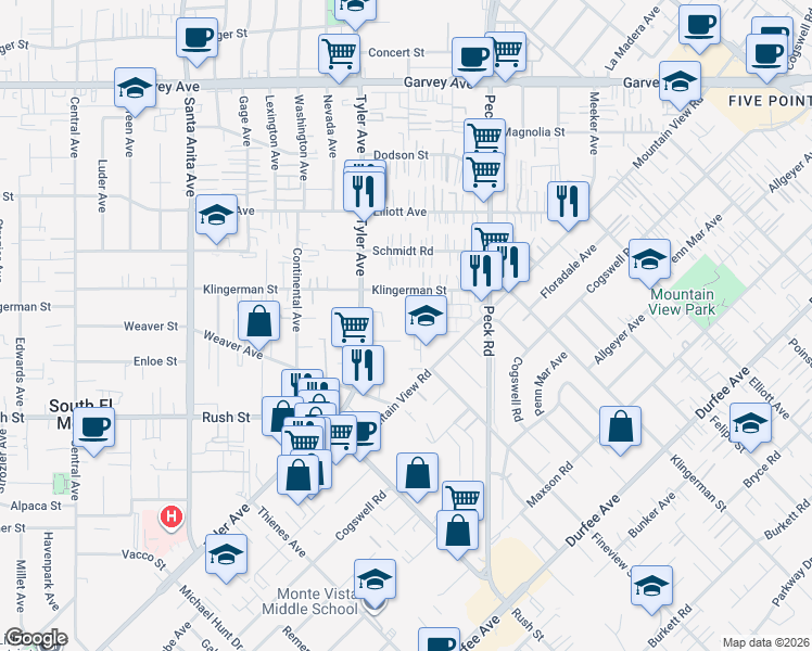 map of restaurants, bars, coffee shops, grocery stores, and more near 11112 Bonwood Road in El Monte