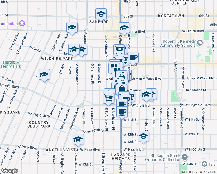 map of restaurants, bars, coffee shops, grocery stores, and more near 3571 San Marino Street in Los Angeles