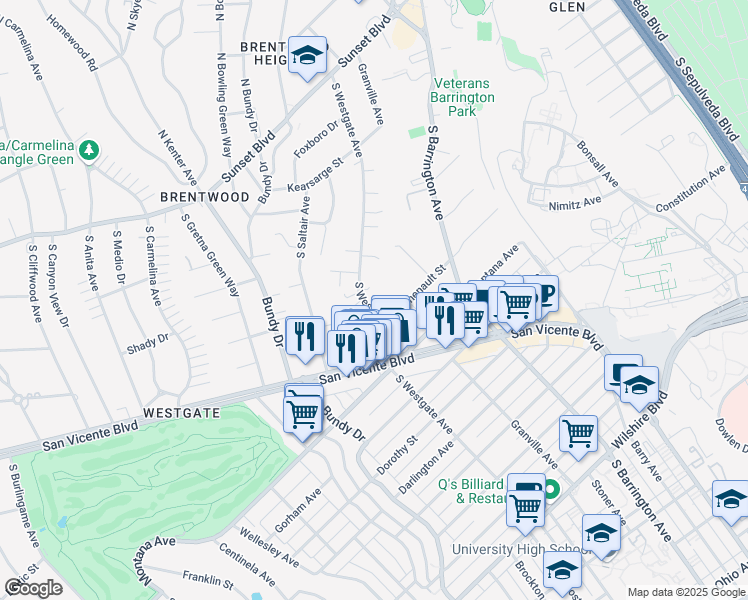 map of restaurants, bars, coffee shops, grocery stores, and more near 530 South Westgate Avenue in Los Angeles