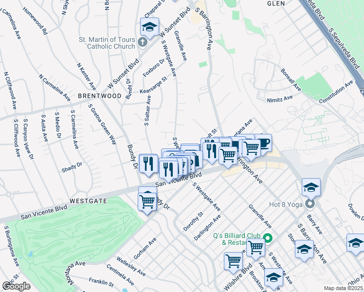 map of restaurants, bars, coffee shops, grocery stores, and more near 530 South Westgate Avenue in Los Angeles