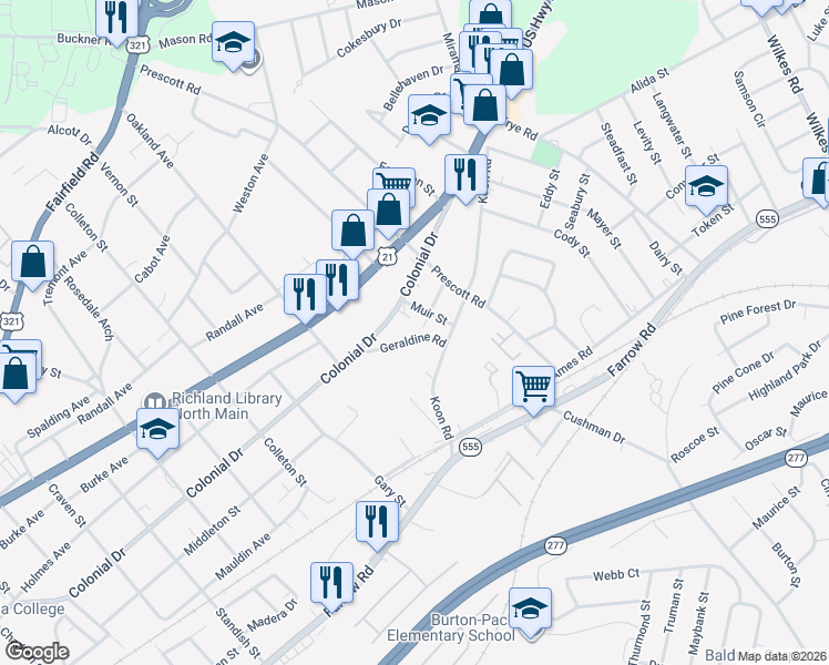 map of restaurants, bars, coffee shops, grocery stores, and more near 1450 Geraldine Road in Columbia