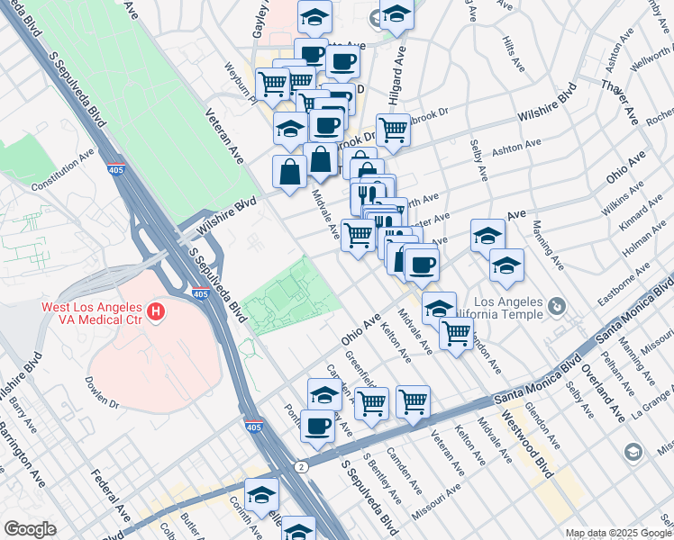 map of restaurants, bars, coffee shops, grocery stores, and more near 1375 Kelton Avenue in Los Angeles