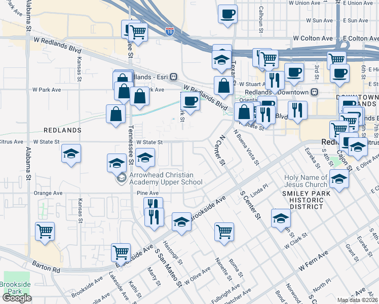 map of restaurants, bars, coffee shops, grocery stores, and more near 209 Tamarisk Street in Redlands